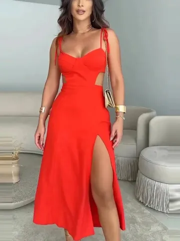 Women Elegant Solid Color Hollow Out High Split Maxi Dress Tie Shoulder Sleeveless Polyester Blend Summer Vacation Long Dress