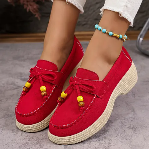Damen Wildleder Plateau Loafer Casual Leichte Mokassins Mit Quastenperlen Verzierung Weiche Slipper Rund Zehen Flats