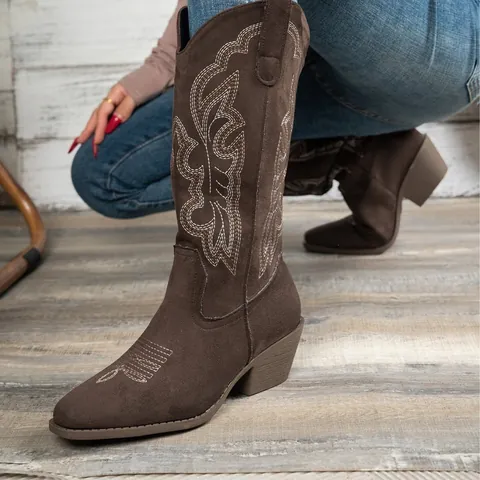 Dames Western Cowboylaarzen Met Middelgrote Hak Geborduurd Imitatiesuède Halverwege de Kuit Modelaarzen Blokhak