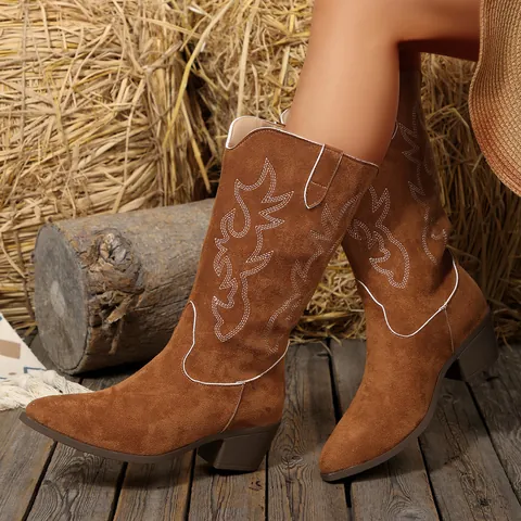Stivali Western Cowboy Retrò da Donna in Camoscio con Ricamo Punta a V Tacco Largo Stivali Cavaliere Moda Autunno Inverno