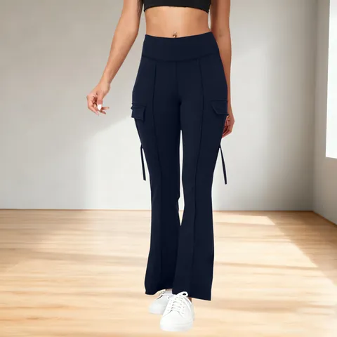 Dames High Waist Cargo Flared Yogabroek Stretch Effen Kleur Bootcut Leggings Met Zakken Mode Sportieve Broek