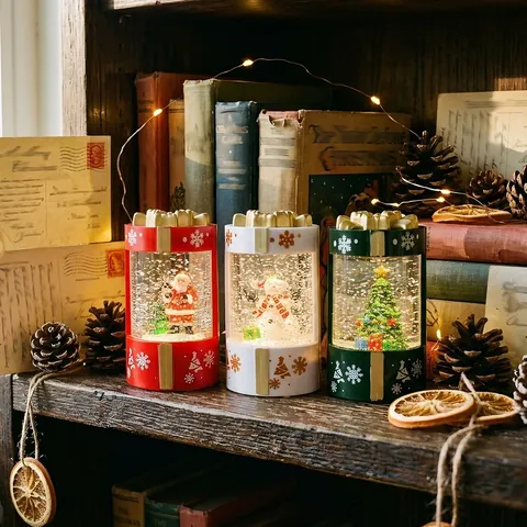 Christmas Lighted Snow Globe Lantern Gift Box Design LED Swirling Glitter Water Lantern For Home Decor Holiday Xmas Gift