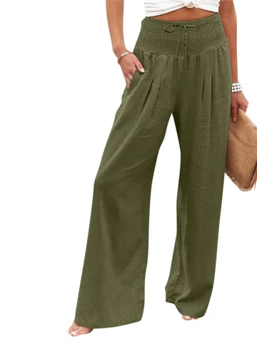 Women High Waist Casual Pants Cotton Linen Blend Loose Wide Leg Trousers With Smocked Waist Drawstring Pockets Fashion Bottoms