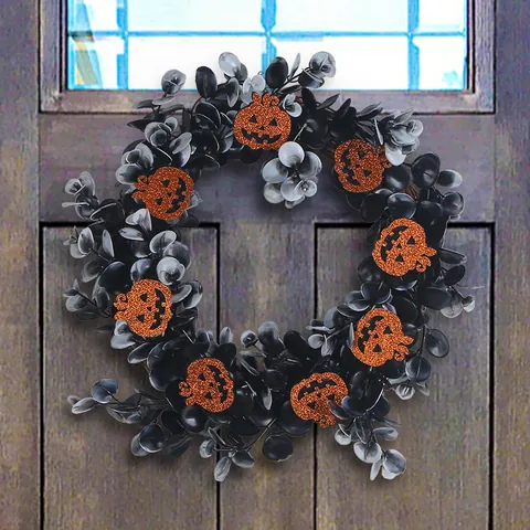 Halloween Wreath With Black Eucalyptus Leaves And Orange Glitter Pumpkins For Front Door Wall Window Party Hanging Decor
