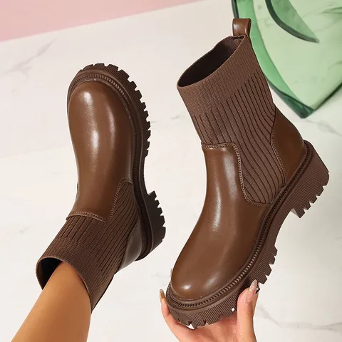 Botas de Calcetín de Moda para Mujer Otoño 2026 Botines de Plataforma de Ante de Punto Suela Gruesa Zapatos Casuales