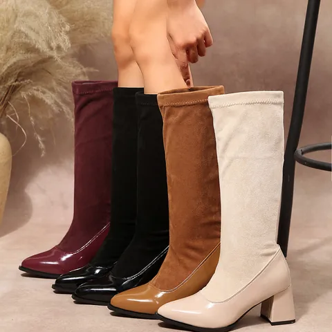 Women French Retro Patchwork Suede Pointed Toe Ankle Boots Elegant Block Heel Splicing Chic Short Boots Versatile Footwear
