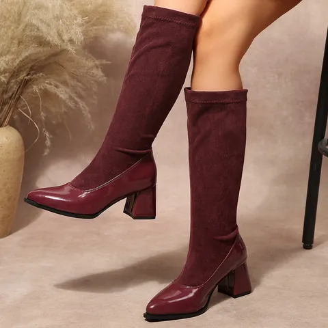 Women French Retro Patchwork Suede Pointed Toe Ankle Boots Elegant Block Heel Splicing Chic Short Boots Versatile Footwear