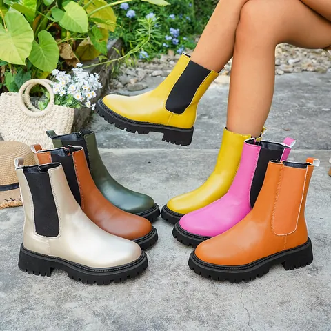 Dames Mode Ronde Neus Korte Martin Laarzen Dikke Zool Zijrits Chelsea Boots Plateau Lug Sole Casual Leren Laarzen