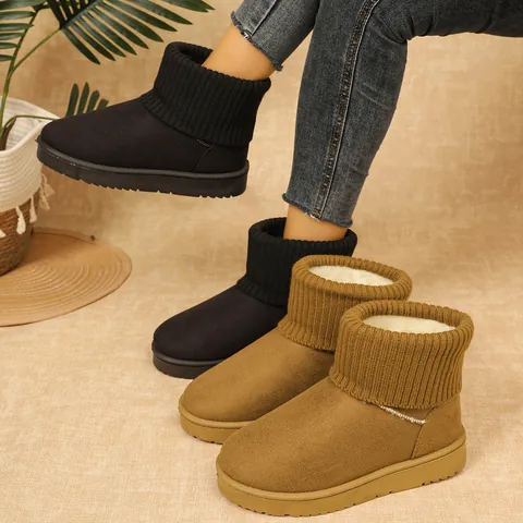 Damen Schneestiefel Strickbündchen Dicke Sohle Kurze Stiefel Fleece Gefüttert Warm Winter Baumwollschuhe Mode Rutschfest Buitenstiefel