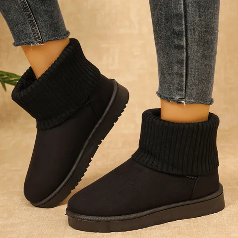 Damen Schneestiefel Strickbündchen Dicke Sohle Kurze Stiefel Fleece Gefüttert Warm Winter Baumwollschuhe Mode Rutschfest Buitenstiefel