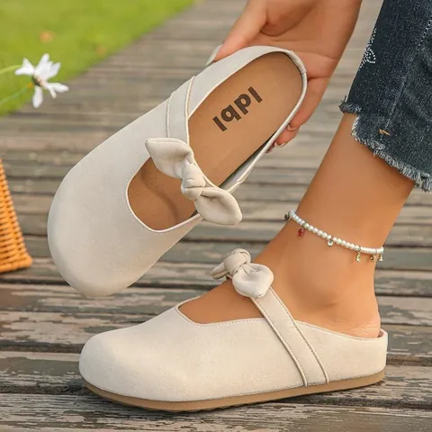Women Casual Faux Fur Slides Bow Knot Cork Style Sandals Breathable Slip On Mules For Outdoor Daily Fashion Summer Shoes