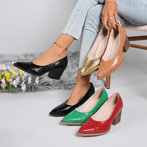 Scarpe da Donna Vintage Motivo Coccodrillo Punta Affusolata Tacco Largo Decollete da Ufficio e Festa