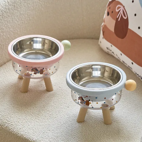 Elevated Pet Bowl Stainless Steel Neck Protection Cat Dog Feeding Station Anti-Slip Transparent Food Water Bowl