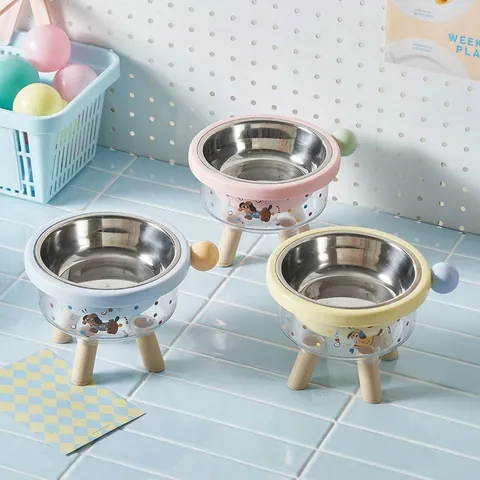 Elevated Stainless Steel Pet Bowl Cartoon Dog Print Cat Feeding Bowl With Wooden Stand Transparent Neck Protection Food Water Bowl