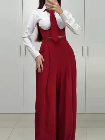 Women Casual Three-Piece Set Solid Color Long Sleeve Blazer Waistcoat High Waist Wide Leg Pants Polyester Outfit Red