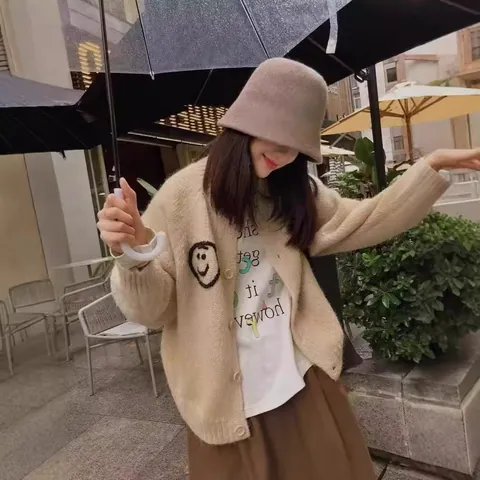Cárdigan de Punto con Cuello Redondo y Bordado de Cara Sonriente para Mujer Estilo Coreano Suelto Casual Chaqueta Top