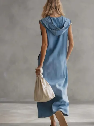 Women Retro Hooded Denim Midi Dress V-Neck Zipper Side Buttons Slit Sleeveless Casual Polyester Solid Color Vest Dress