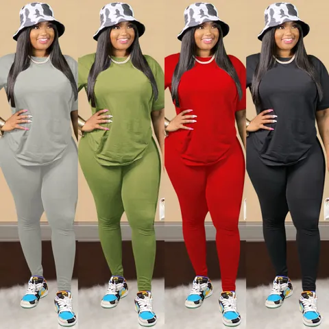 Conjunto de Dos Piezas Casual de Poliéster para Mujer Top Y Pantalón Camiseta de Manga Corta Cuello Redondo Y Pantalones Ajustados