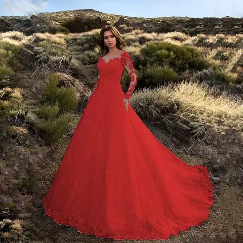 Women Elegant Heavy Lace Wedding Dress Sexy V-Neck Long Sleeve Bridal Gown With Big Train Floor Length Evening Party Maxi Dress