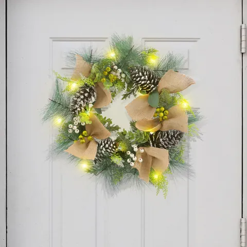 Christmas Glowing Pine Needle Pinecone Wreath LED Lighted Branch Wreath Hanging For Window Wall Xmas Party Home Decoration