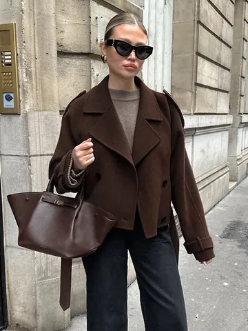 Franse Stijl Dames Wollen Jas Double-breasted Revers Losse Dikke Winter Warme Korte Jas Bovenkleding Voor Woon-werkverkeer Kantoor Dames