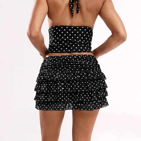 Sexy Polka Dot Print Halter Top And Ruffle Mini Skirt Set Women Summer Backless Top And Bottom Two Piece Outfits Vacation Wear