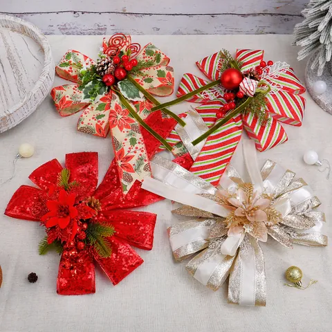 Large Christmas Bow Tree Topper With Natural Pine Cones Berries Poinsettia Sequin Striped Bowknot For Festive Home Party Ornament