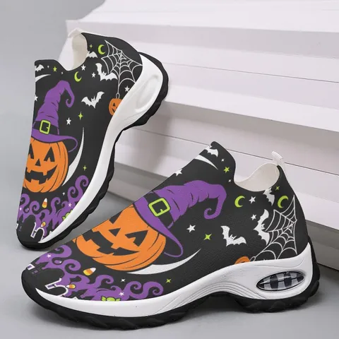 Chaussures de Sport Légères Flyknit pour Femmes Baskets à Coussin d'Air Imprimé Citrouille Fantôme Halloween Chaussures Casual Papillon Strass