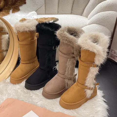 Women's Winter Long Snow Boots Faux Fur Trimmed Knee High Knight Boots Thick Sole Warm Plush Lined Cotton Shoes Buckle