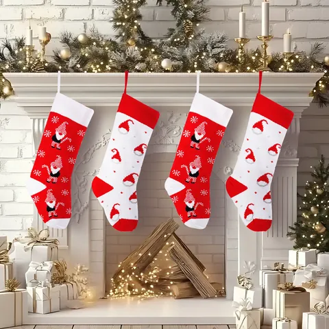 Knitted Christmas Stockings Gnome Santa Hat Pattern Red White Xmas Ornaments Candy Gift Bags For Holiday Home Party Decoration