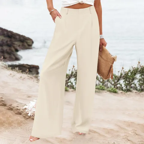 Pantalon Femme Taille Haute Coupe Droite Couleur Unie Large Fluide Pour Vacances Plage Été Décontracté Vêtements Femme
