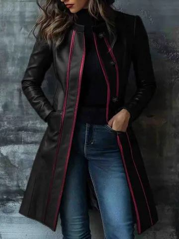 Women Vintage Faux Leather Trench Coat Contrast Color Lapel Biker Jacket Long Sleeve Button Up Windbreaker Outerwear