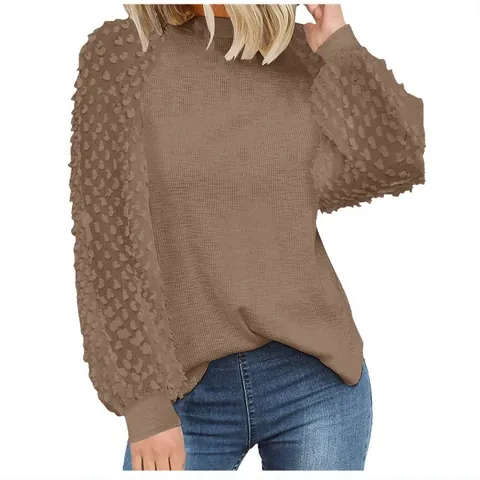 Dames Casual Lange Mouw Top Ronde Hals Kant Patchwork Wafelstof Ruime Pasvorm T-Shirt Herfst Mode Blouse