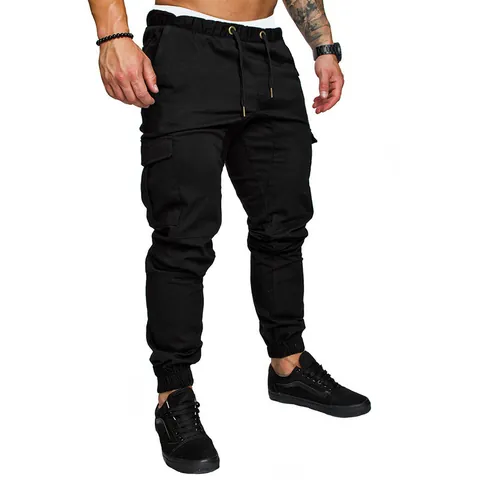 EHCM Men Multi Pocket Cargo Pants Autumn Winter Casual Outdoor Fitness Joggers Drawstring Cuffed Cotton Bottoms For Men