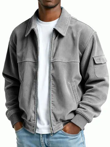 Heren Vintage Corduroy Jas Lange Mouw Rits Casual Cargo Mantel Met Zak Effen Kleur Losse Bovenkleding Nylon Polyester Jas