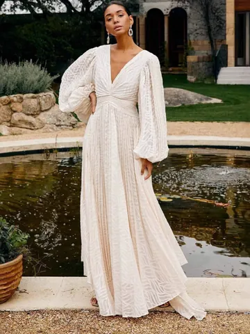 Dames Elegante V-Hals Geplooide Chiffon Maxi-Jurk Lantaarnmouw Effen Kleur Grote Rok Avondjurk Party Vestidos Witte Jurk