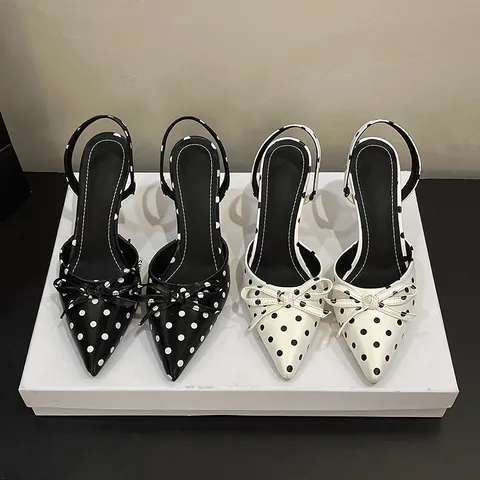 Tacones Altos Vintage Francés Lunares Mujeres Punta Puntiaguda Lazo Slingback Zapatos de Fiesta Elegantes Tacón Aguja