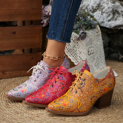 Retro Embroidered Satin Block Heel Pumps For Women Pointed Toe Lace-up High Heels Ethnic Fashion Party Dress Shoes