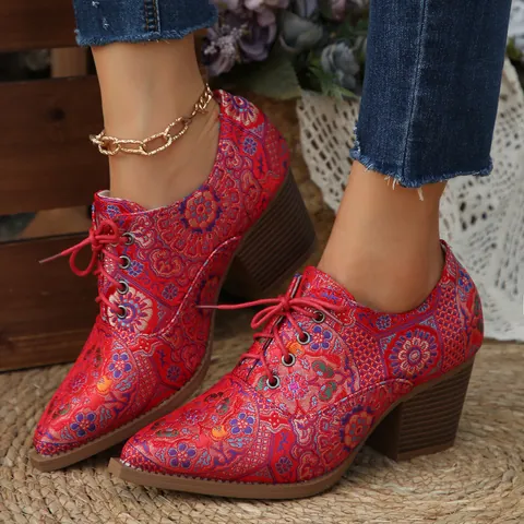 Retro Embroidered Satin Block Heel Pumps For Women Pointed Toe Lace-up High Heels Ethnic Fashion Party Dress Shoes