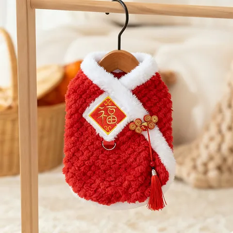 Pet Dog Cat Chinese Style Vest Polyester Plush Warm Fu Character Embroidery Frog Button Tassel Red Tang Suit Clothes