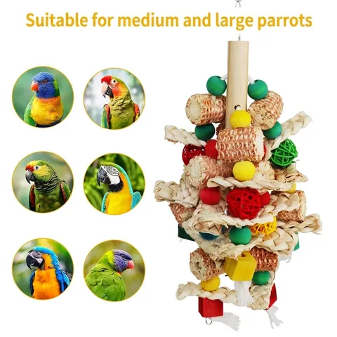 Large Parrot Bird Chewing Toy Natural Wood Corn Cob Straw Rattan Foraging Molars Play Hanging Bird Cage Accessory