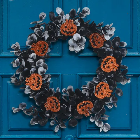 Halloween Wreath With Black Eucalyptus Leaves And Orange Glitter Pumpkins For Front Door Wall Window Party Hanging Decor