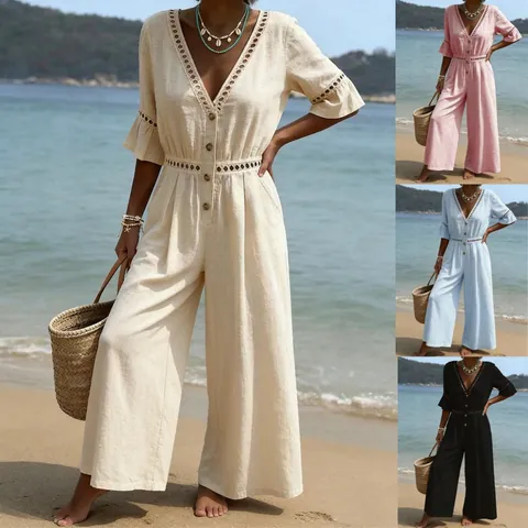 Women Casual V Neck Jumpsuit Cotton Linen Blend Short Sleeve Lace Hollow Out Wide Leg One Piece Romper Vacation Beachwear
