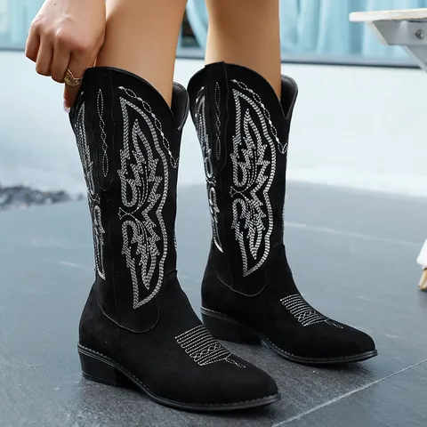 Women Pointed Toe Cowboy Boots PU Leather Embroidered Knight Boots Western Style Chunky Heel Pull On Mid Calf Boots