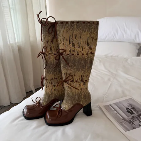 Stivali da Cavaliere al Ginocchio Donna Autunno Inverno Moda Fiocco Punta Tonda Tacco Alto Grosso Stivali Lunghi Donna Gioielli per Festa