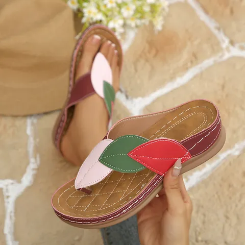 Chancletas de Cuña para Mujer Verano Playa Sandalias Patchwork Decoración de Hojas Bohemio Zapatos de Plataforma Vacaciones Diario