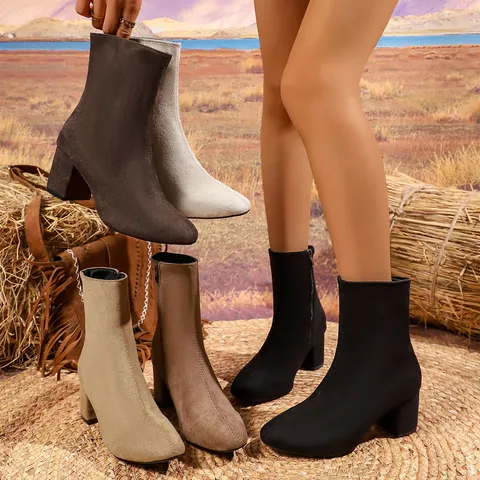 Women's Pointed Toe Ankle Boots Fashion Side Zipper Square High Heel Short Boots Solid Color Synthetic Leather Outdoor Dress Boot