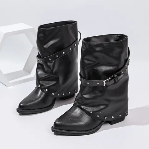 Women Slouchy Pointed Toe Ankle Boots Street Style Buckle Strap Rivet Decor Mid-Calf Gaiter Boots Autumn Winter Fashion Shoes