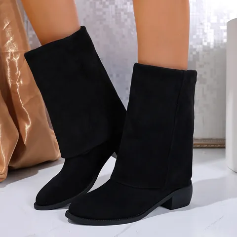 Damen Wildleder Spitze Mid-Calf Hosenbein Stiefel Retro Blockabsatz Slip-on Stiefel Für Herbst Winter Mode Streetwear