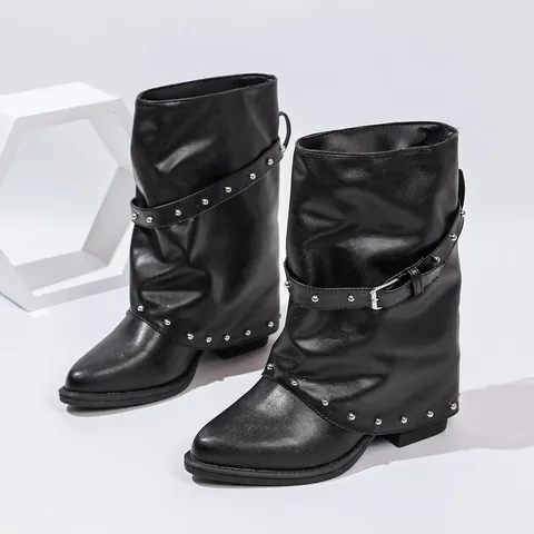 Damen Slouchy Spitze Stiefeletten Street Style Schnallenriemen Nietendekor Wadenhohe Gaiter Boots Herbst Winter Mode Schuhe